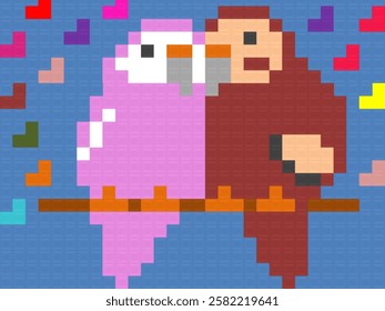 A pixel art of two birds perched on a branch. one pink and one brown, embracing or leaning close together. The background is blue with colorful heart shapes, creating an affectionate atmosphere.