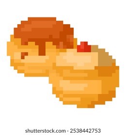 Pixel art of two bombolones or donuts with chocolate caramel topping and strawberry cream cheese topping 