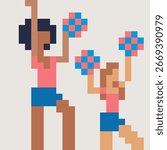 Pixel art of two cheerleaders dancing with pom-poms. Bright, expressive style captures the energy of a celebration or performance.