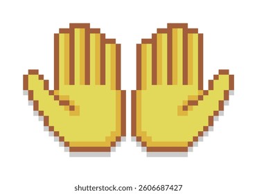 Pixel art of two open up hands gesturing praying. 