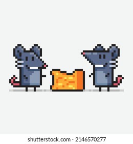 Pixel art two rats happy with a cheese.