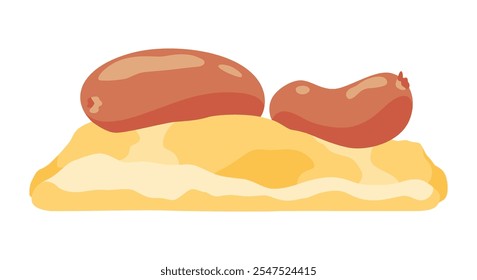 Um pixel de duas salsichas elegantemente colocadas em uma fatia de pão