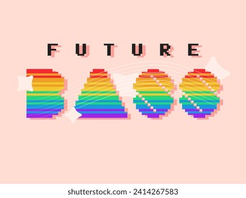 Pixel Art Typography, Future Bass Music Genre Label with Rainbow Gradient Color, Peach Background