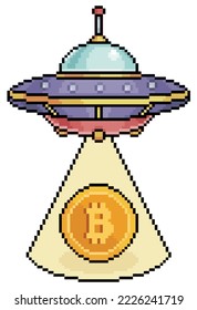 Pixel art UFO abducting bitcoin, flying saucer vector icon for 8bit game on white background
