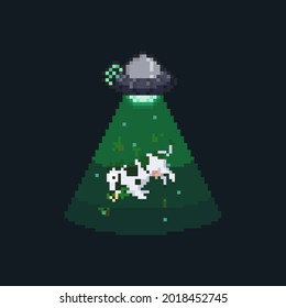 Pixel art ufo abducts cow.