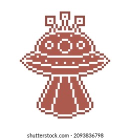 Pixel art UFO alien spaceship, gingerbread cookie decorated with white sugar icing, 8 bit food icon isolated on white background. Frosted chocolate biscuit. Christmas dessert. Winter holiday pastry. 