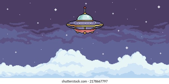 Pixel art UFO in the cloudy sky. Alien spaceship flying in the night sky. 8 bit vector background
