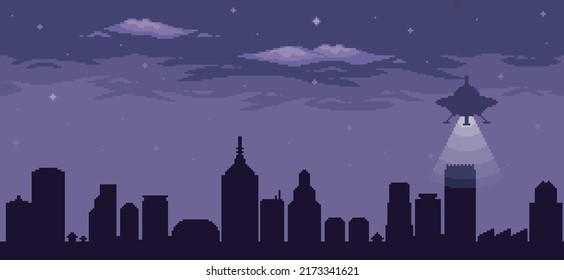 Pixel art UFO flying over city at night. Alien spaceship flying with lights on. 8bit vector background
