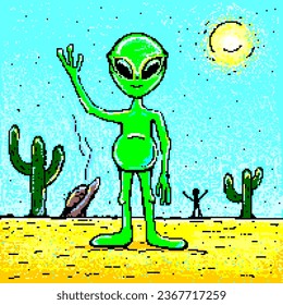 pixel art, UFO, friendly alien welcomes you