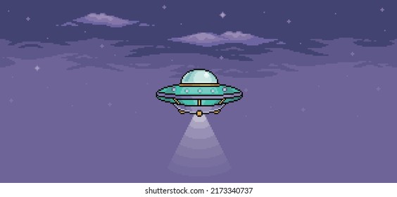 Pixel Art UFO In The Night Sky. Alien Spaceship Flying With Lights On. 8 Bit Vector Background
