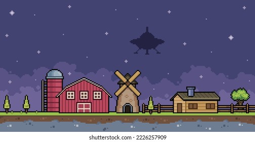 
Pixel art UFO on farm with house, barn, silo, mill and flying saucer 8bit game background vector