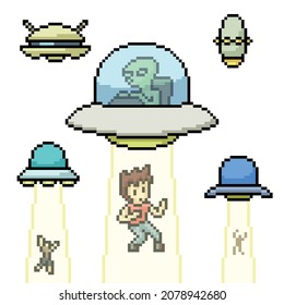 pixel art of ufo sucking human