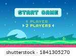 Pixel art UI design with outdoor landscape background. Colorful pixel arcade screen for game design. Banner with button Start Game . Game design concept in retro style. Vector illustration.