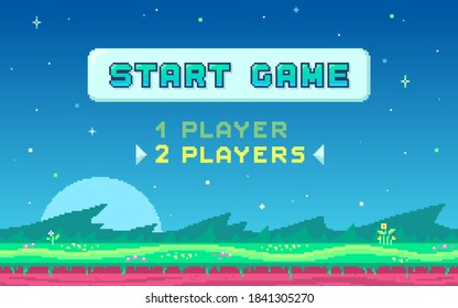 Pixel art UI design with outdoor landscape background. Colorful pixel arcade screen for game design. Banner with button Start Game . Game design concept in retro style. Vector illustration.