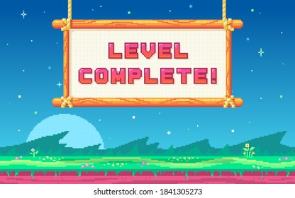 Pixel art UI design with outdoor landscape background. Colorful pixel arcade screen for game design. Banner with phrase Level Complete . Game design concept in retro style. Vector illustration.