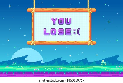 Pixel art UI design with outdoor landscape background. Colorful pixel arcade screen for game design. Banner with phrase You Lose . Game design concept in retro style. Vector illustration.