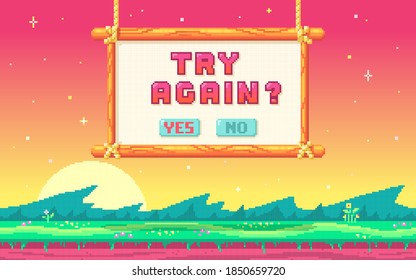 Pixel art UI design with outdoor landscape background. Colorful pixel arcade screen for game design. Banner with phrase Try Again . Game design concept in retro style. Vector illustration.