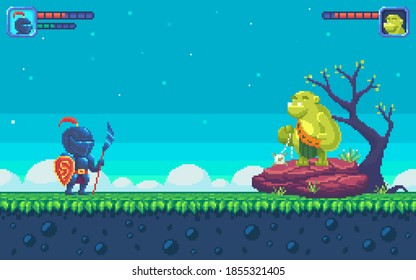 Pixel art UI design with outdoor landscape background. Colorful pixel arcade screen for game design. Game location with two characters. Game design concept in retro style. Vector illustration.