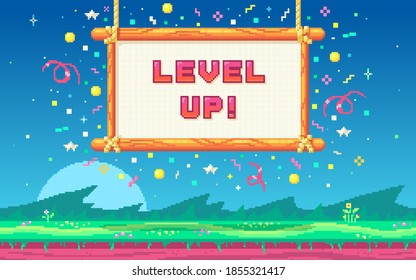 Pixel art UI design with outdoor landscape background. Colorful pixel arcade screen for game design. Banner with phrase Level Up . Game design concept in retro style. Vector illustration.