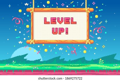 Pixel art UI design with outdoor landscape background. Colorful pixel arcade screen for game design. Banner with phrase Level Up . Game design concept in retro style. Vector illustration.