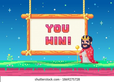 Pixel art UI design with outdoor landscape background. Colorful pixel arcade screen for game design. Banner with phrase You Win and mascot. Game design concept in retro style. Vector illustration.