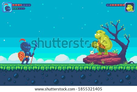 Pixel art UI design with outdoor landscape background. Colorful pixel arcade screen for game design. Game location with two characters. Game design concept in retro style. Vector illustration.