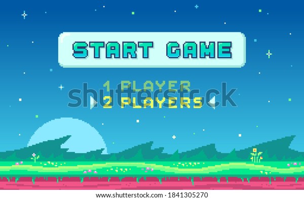 Pixel\
art UI design with outdoor landscape background. Colorful pixel\
arcade screen for game design. Banner with button Start Game . Game\
design concept in retro style. Vector\
illustration.