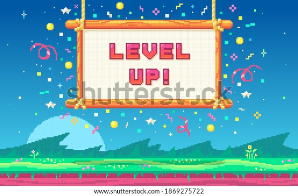 Pixel\
art UI design with outdoor landscape background. Colorful pixel\
arcade screen for game design. Banner with phrase Level Up . Game\
design concept in retro style. Vector\
illustration.