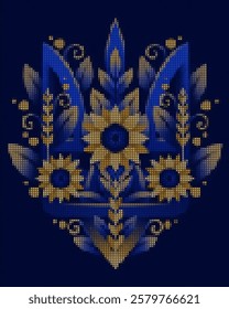  Pixel art of Ukraine coat of arms with sunflowers, wheat in blue and yellow colors. Suitable for patriotic, cultural or traditional design projects. Vector illustration.