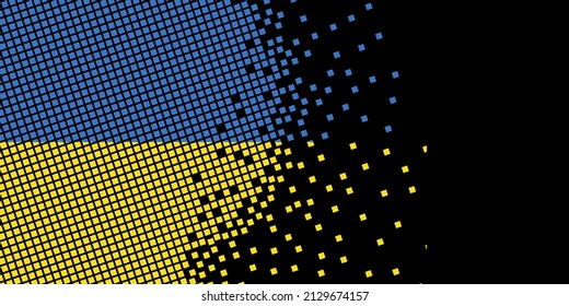 Arte píxeles con bandera de Ucrania. Los puntos de píxeles crecen concentrándose dentro de la bandera. Los puntos dentro de la bandera de Ucrania son arte de píxeles que representan unidad e independencia. Bandera sobre fondo negro.