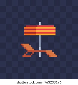 Pixel art. Umbrella and sun lounger. Beach flat icon. 8-bit. Knitting design. Isolated vector illustration. 