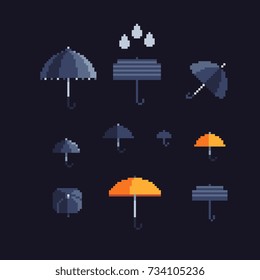 pixel art umbrellas, vector illustration icons set