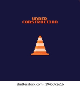 Pixel art under construction text and orange striped cone on dark background