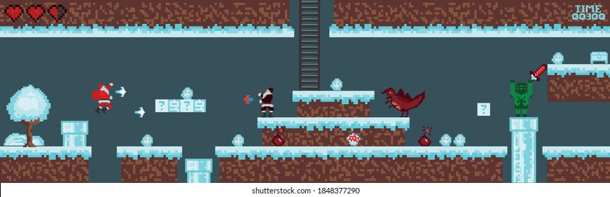 pixel art, underground battle in the style of pixel games 90s. Winter game with Santa Claus. Vector