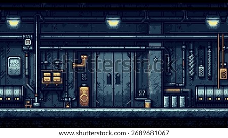 Pixel art underground bunker or subway station backdrop. Retro 8-bit game level for arcade platformer or mobile gaming background design.