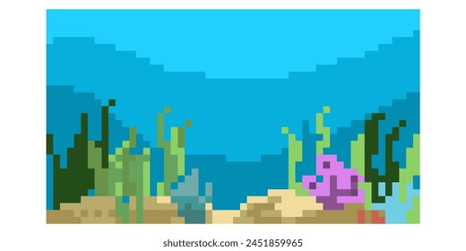 pixel art underwater world in sea vector cartoon landscape, Sea underwater background. Ocean bottom with seaweeds. Vector marine scene	