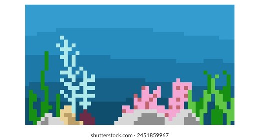 pixel art underwater world in sea vector cartoon landscape, Sea underwater background. Ocean bottom with seaweeds. Vector marine scene	