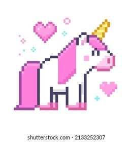 Pixel Art Unicorn cartoon with pink mane Isolated 0n white vector. Pixelated unicorn with pink hearts for badge or sticker design