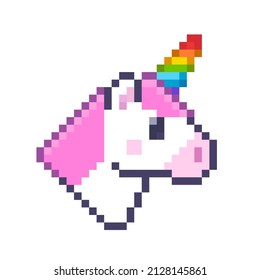 Pixel Art Unicorn head icon or emblem with rainbow horn. Pixelated  cartoon unicorn with pink mane. Isolated vector for badge or sticker design