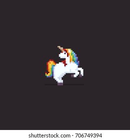 Pixel art unicorn with rainbow hair and tail isolated on dark background