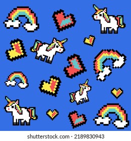 Pixel art unicorn rainbow hearts