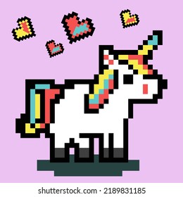 Pixel art unicorn rainbow hearts