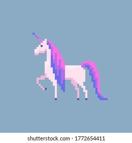 Pixel art unicorn sign. Cute horse on isolated background. Vector illustration.