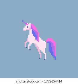 Pixel art unicorn sign. Cute horse on isolated background. Vector illustration.