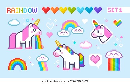 Pixel Art Unicorns wit Rainbow set, colorful 8-bit hearts icons, cute clouds - isolated vector elements collection. Cute White Unicorn icon in retro 8-bit video game style