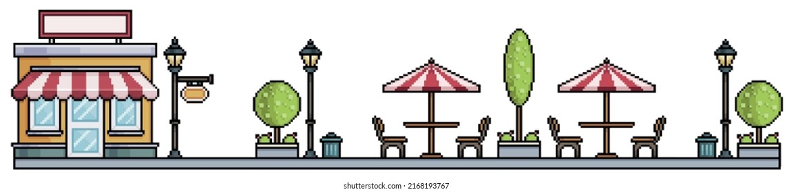 Pixel art urban square with shop park with tree, flowerbeds, benches, tables, pots and trash can Urban landscape. Cityscape background for 8bit game
