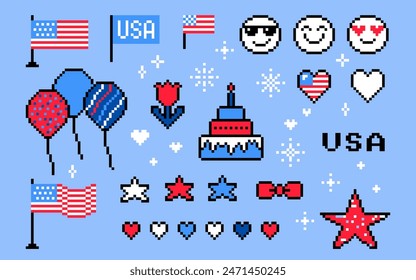 Pixel art USA Independence Day. 4th of July. American flag, balloon, cake, star, pixel icon set isolated on blue. Y2k trendy playful pixelated stickers. 8 bit retro style vector illustration