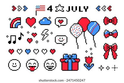 In: Pixel Art USA Independence Day. 4. Juli. Amerikanische Flagge, Ballon, Pixel-Icon-Set isoliert auf weiß. Y2k trendige verspielte pixelige Aufkleber. 8-Bit-Retro-Stil-Vektorillustration in Rot, Blau