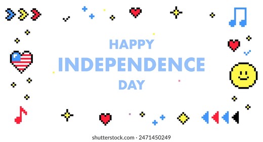 Pixel art USA Independence Day frame. 4th of July greeting card. American flag, pixel elements isolated on white. Y2k trendy playful pixelated stickers. 8 bit retro style vector illustration