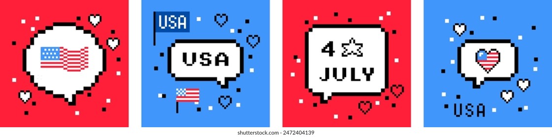 Pixel art USA Independence Day collection. 4th of July. Speech bubble. American flag. Simple, fun pixel icon set. Y2k trendy playful pixelated sticker. 8 bit retro style vector illustration, red, blue